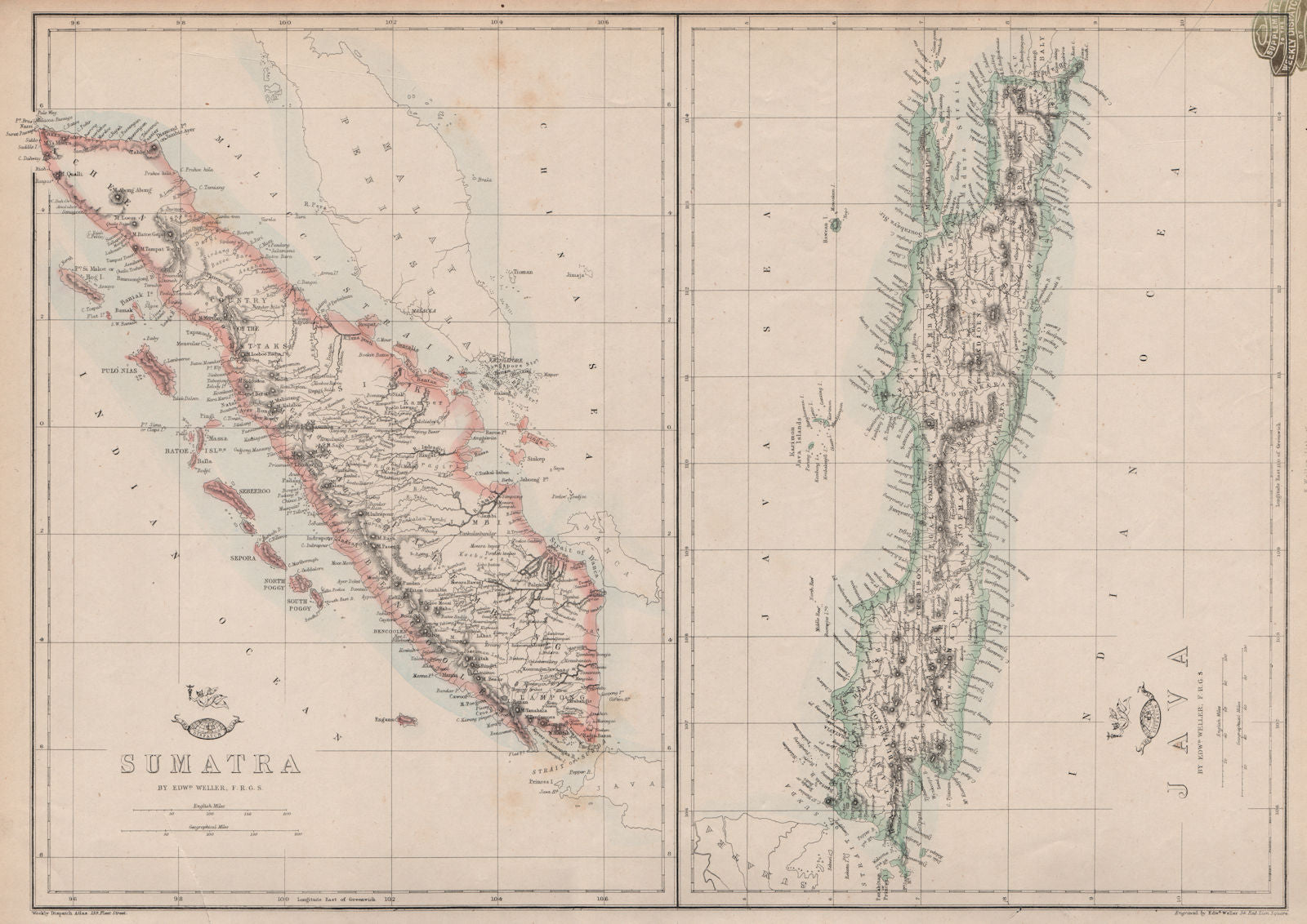 SUMATRA & JAVA. Dutch East Indies. Singapore. Indonesia. WELLER 1862 old map